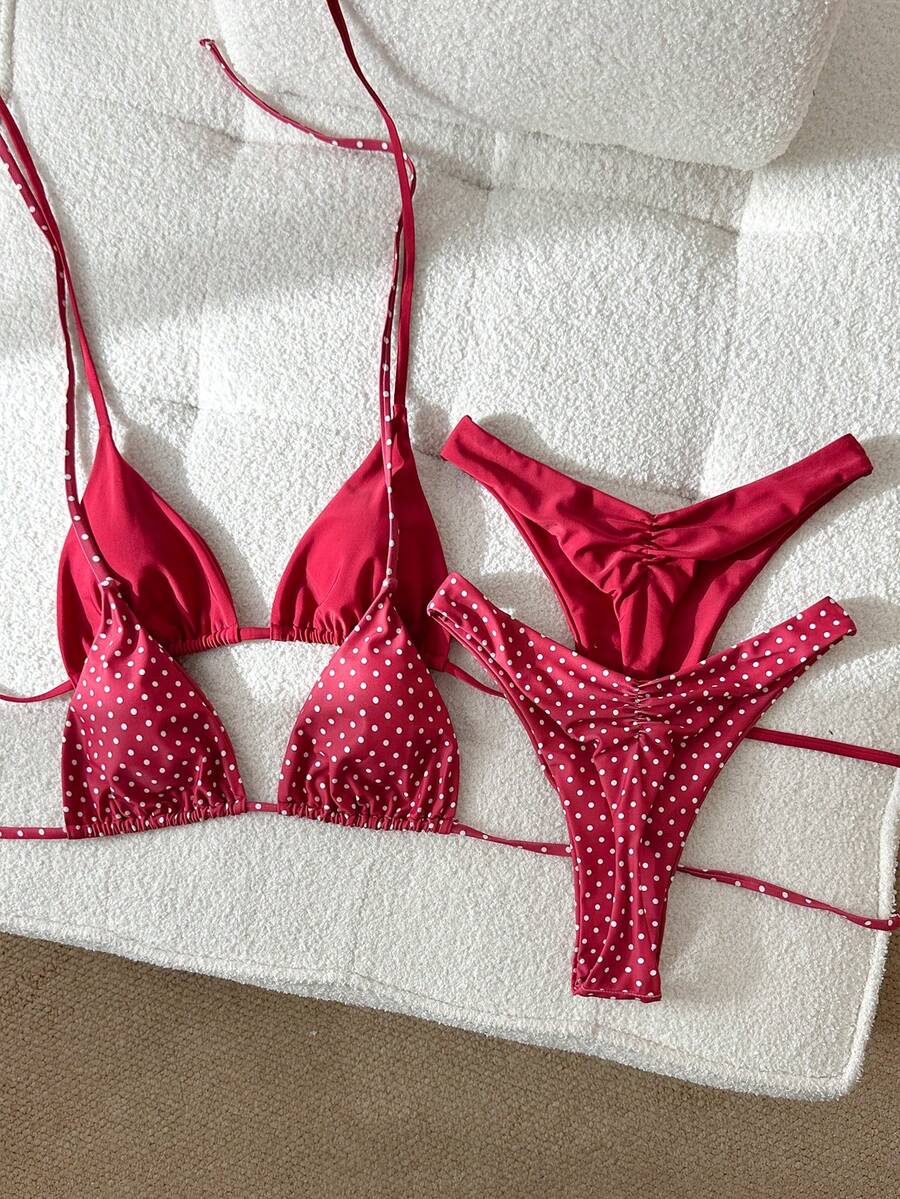 Swim Mod Bộ 4 món bikini chấm bi và đen trơn buộc dây bên hông, kiểu dáng cạp cao, thích hợp cho kỳ nghỉ biển của nữ. - Đỏ - Xem 1