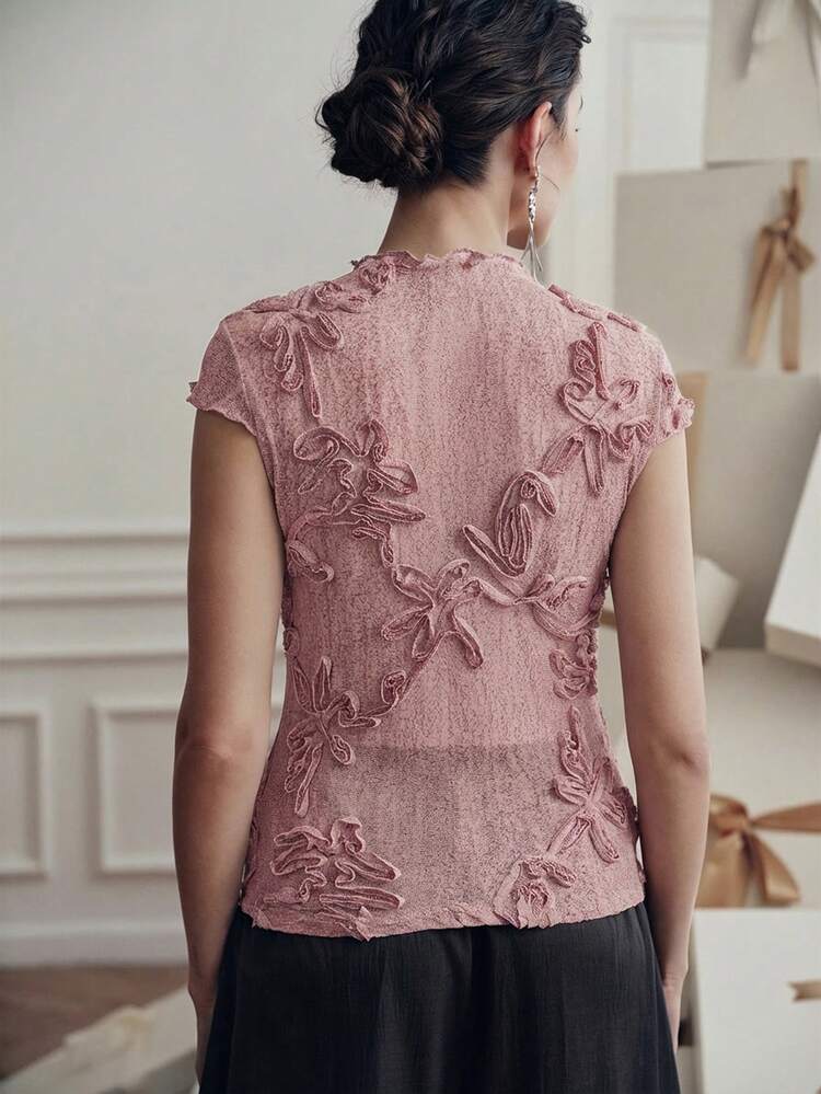 Elegant Pink Floral Lace Mock Neck Sheer Short Sleeve Blouse For Women