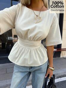 Siren Gaze 100%纯棉女士束腰衬衫，春夏款 - 杏色 - 查看 6