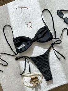 Swim Mod Women's Jacquard Fabric Spaghetti Strap Metal Shell Decor Bikini Set, Spring/Summer - Black - View 2