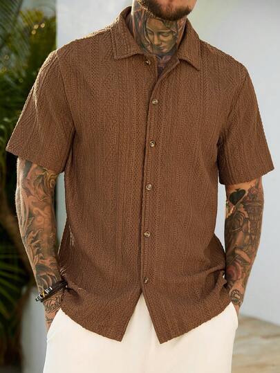 Manfinity CasualCool Men's Coffee Color Textured Jacquard Casual Vacation Short Sleeve Shirt