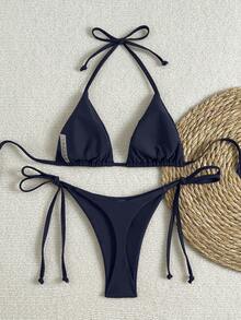 Set bikini da donna sexy con stampa leopardata e scollo all'americana, ideale per le vacanze al mare. - Blu navy 2 - Visualizzare 2