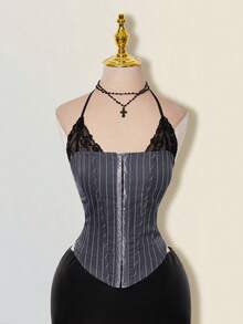 SHEIN ICON Women's Striped Contrast Lace Halter Neck Camisole - Grey - View 1