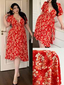 Vibekara 大码新款夏季V领印花高腰系带度假风连衣裙（女款） - 紅色 - 查看 7