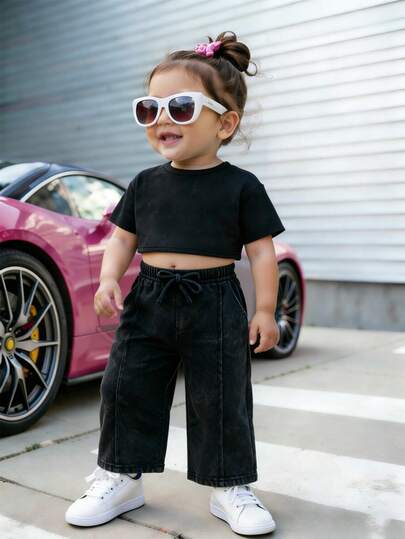 Bubblio 女婴炭灰色套头T恤和打底裤两件套，休闲日常百搭套装