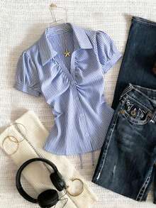 Franclia Cross V-Neck Button Pleated Striped Women Shirt - Blue - View 1