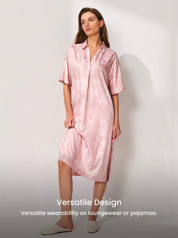 Damska, śliczna, kobieca, różowa satynowa koszula nocna - luźna, dopasowana koszula nocna w stylu koszuli, słodka piżama dla chłopaka, piżama, artykuły ślubne, sukienki dla kobiet