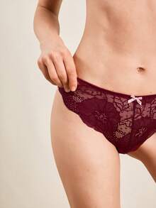 Hourtrue 蕾丝性感女士文胸内裤套装，钢圈柔软舒适内衣套装 - 酒紅色 - 查看 4