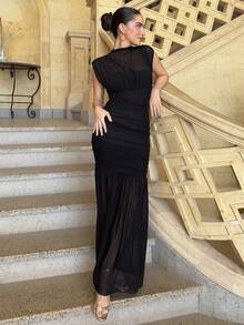 Marta Soriano Vestido negro envolvente de gasa elegante con pliegues, adecuado para citas románticas, fiestas, eventos formales, vestidos de dama de honor, vestido de verano para mujer, vestido para té, Año Nuevo, Día de San Valentín, vestido mini de cumpleaños - Negro - Ver 6