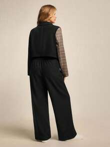 Juhart Plus Size Women's Fashion Contrast Plaid Print Suit Set - Black - View 2