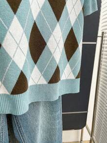 Franclia New Arrival Spring/Summer Retro College Style Colorblock Plaid Knit Pullover Sweater For Women - Baby Blue - View 7