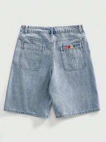 ROMWE MEN Men's Loose Straight Casual Washed Floral Embroidery Denim Shorts - Blue - View 2