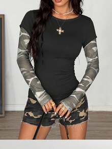 Muchica 撞色针织女式紧身学院风T恤 - 彩色 - 查看 5