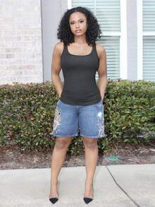 Steph T Casual Basic Ribbed White Tank Top With Deep U-Neck And Narrow Armholes, C Style - Black - View 3
