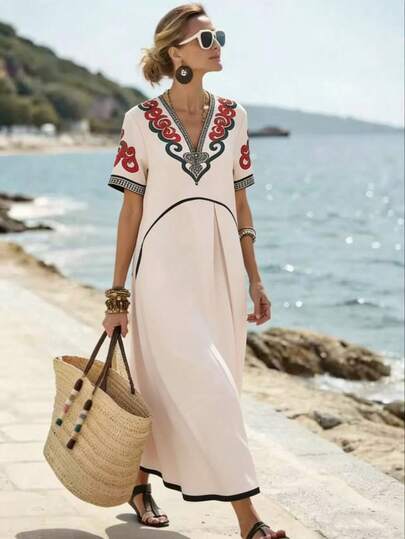 Breezaya Women's French-Style Casual Woven Dress, Resort Style, V-Neck Printed Loose Fit, Beach,  New Women's Dress, Women's Dress, Elegant Women's Top, Women's Casual Wear, Women's Summer Clothing, Women's Summer Outfits, Beach, Beach Dress, Women's Beachwear, Beach Outfits, Holiday, Summer Vacation Outfits, Women's Vacation Outfits, Vacation, Holiday Outfits, New Summer Women's Dress