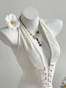 Elamini Bộ jumpsuit nữ in họa tiết Paisley, cổ chữ V khoét sâu, lưng chéo, chất liệu chun co giãn, thích hợp cho tiệc tùng phong cách Bohemian, mùa hè. - Màu be - Xem 3