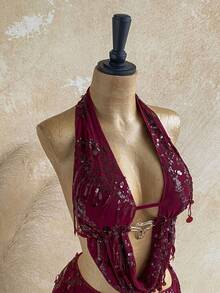 Soleia 两件套新款休闲系带金属扣针织上衣+百褶裙，适合下午茶、海滩、音乐节等场合。 - 酒紅色 - 查看 7