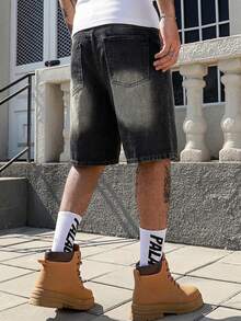 ROMWE MEN Men's Casual Everyday Denim Shorts With Pockets And Button Letter Graphic - Black - View 2