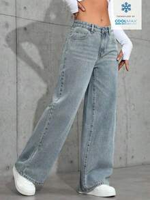 SHEIN Tall Women's Fashion Casual Daily Versatile Wide Leg Straight Mid-Rise Jeans - Light Wash - View 8