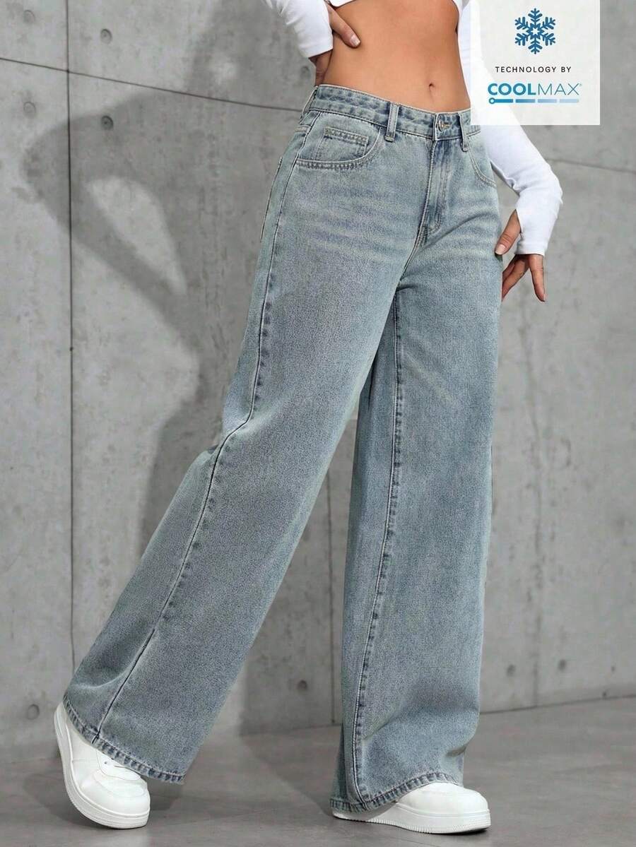 SHEIN Tall 女士时尚休闲日常百搭阔腿直筒中腰牛仔裤 - 淺色水洗藍 - 查看 1