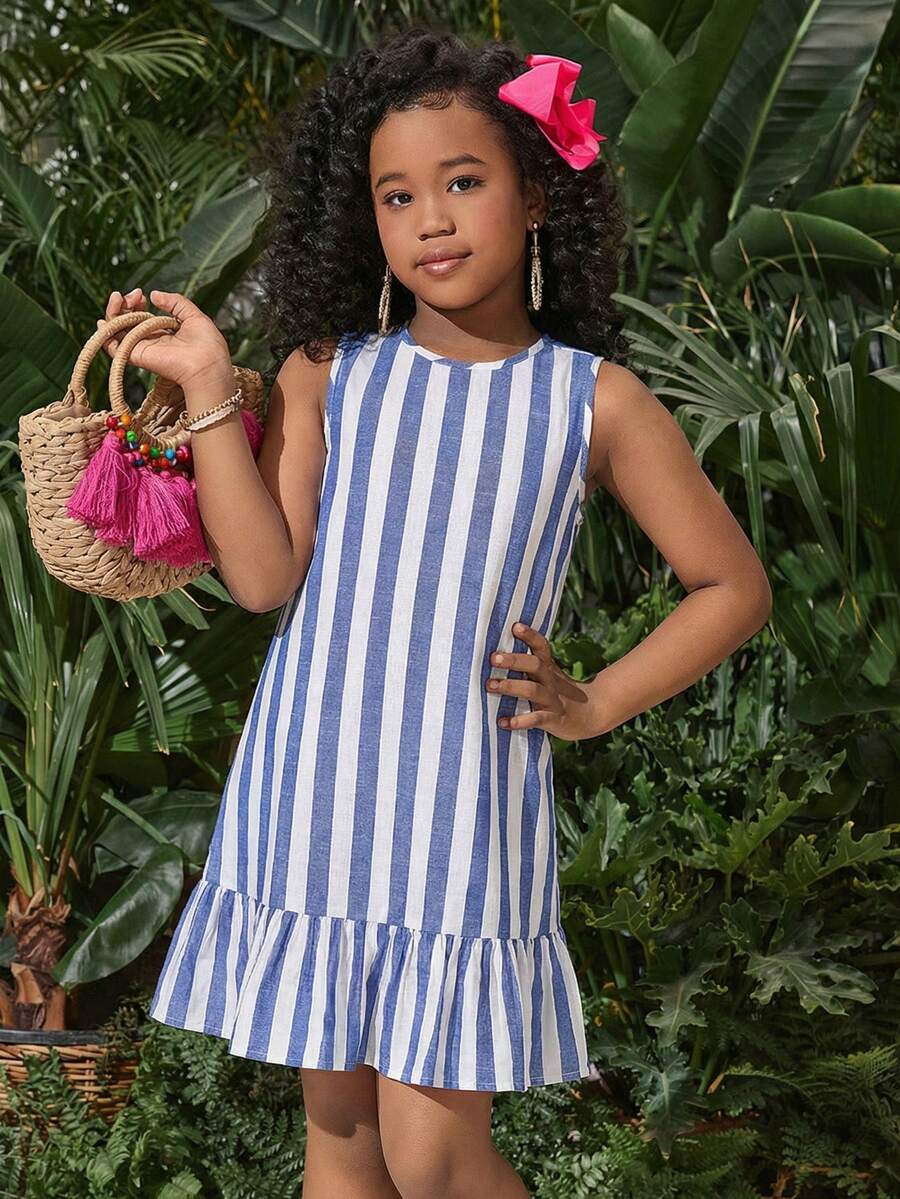 少女条纹无袖休闲连衣裙，宽松A字型，白蓝条纹，适合度假、姐妹装、公园郊游、全家福、派对、日常休闲穿着 - 藍白色 - 查看 1