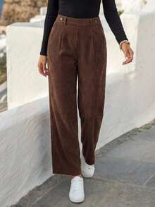 EMERY ROSE Women's Fashionable Versatile Solid Color Straight Leg Pants Brown For Women Wide High Waist Corduroy Winter Clothes Joggers Stylish Pants,Fall,Fall - Brown - View 4