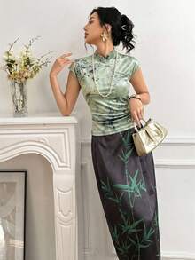 EastFlair 女士印花短袖优雅缎面东方风情衬衫 - 綠色 - 查看 6