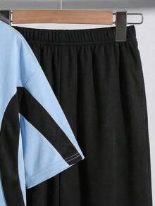 SHEIN 2pcs/Set Tween Boy Casual Colorblock Sports Graphic Round Neck Short Sleeve Top And Pants Set, Suitable For Commuting, School, Daily Casual Wear, Sports, Spring/Summer - Blue - View 6