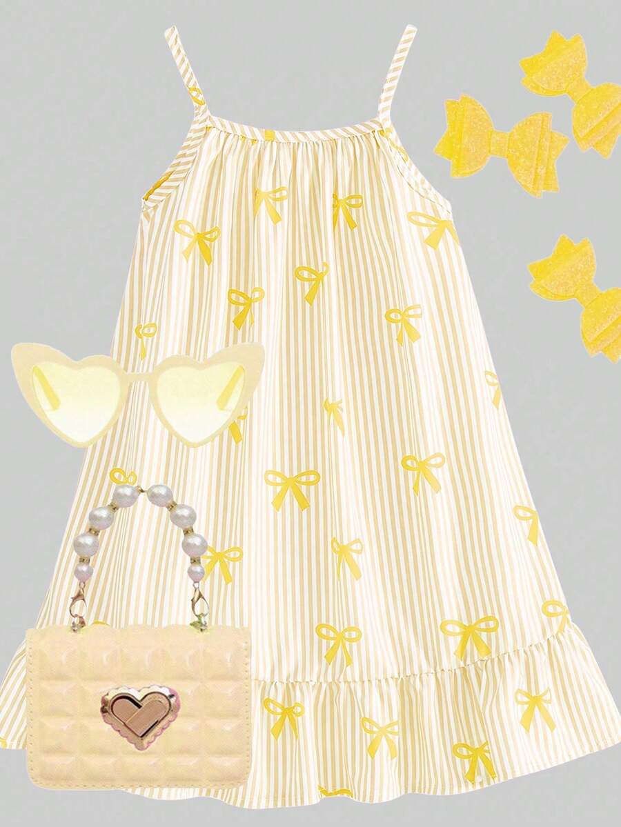SHEIN 女童梭织面料蝴蝶结条纹数码印花拼接荷叶边吊带连衣裙，适合夏季日常穿着、外出、旅行、度假、派对等场合。 - 彩色 - 查看 1