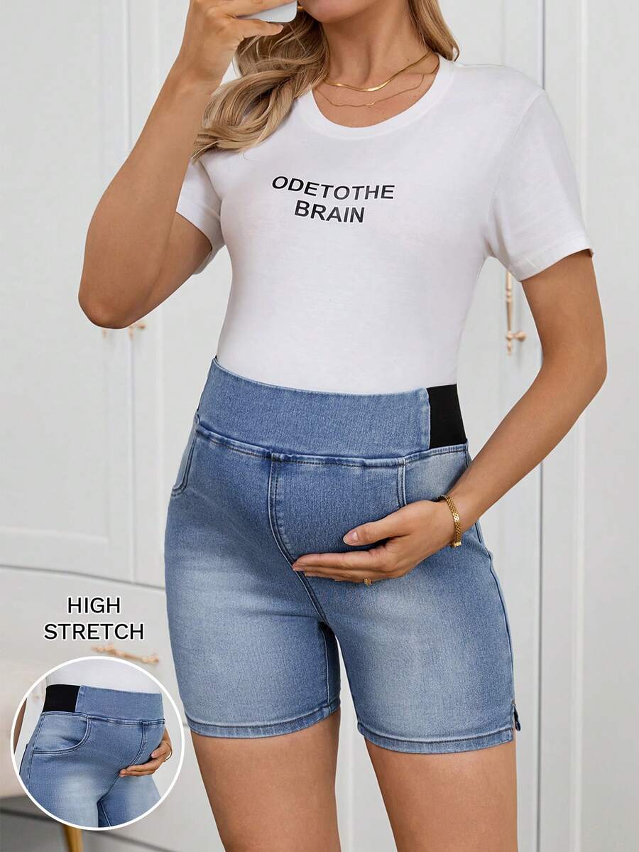 SHEIN Quần short denim bầu đa năng, thoải mái, thích hợp mặc hàng ngày từ xuân đến hè, đi làm, đi nghỉ mát, tốt nghiệp, phong cách Y2K, dễ thương, thời trang đường phố, dự tiệc, đám cưới, thanh lịch, công sở, thoải mái, màu sáng, quần short denim bầu cho nữ với cạp chun co giãn. - Màu xanh lam - Xem 1
