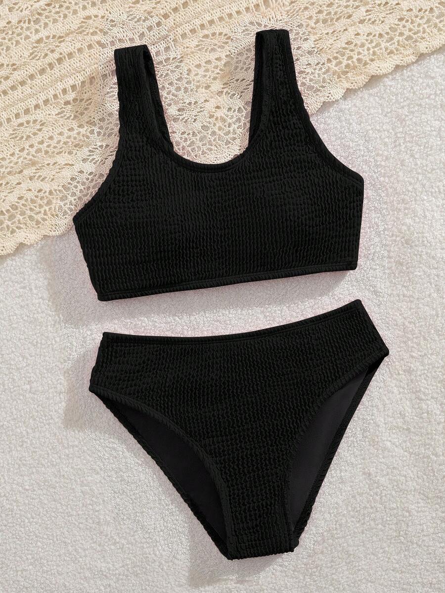 SHEIN 少女比基尼套装,针织波浪面料,优雅端庄的欧美时尚,适合度假、游泳、夏季、海滩穿着。高腰泳装套装,端庄比基尼套装,黑色泳衣,14岁女孩两件式泳衣,黑色两件式泳衣,纹理黑色两件式泳衣,纹理两件式泳衣,高腰泳装套装,14岁女孩泳衣,黑色两件式泳衣。 - 黑色 - 查看 1