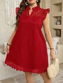 Enliva 白色春夏花卉3D蕾丝圆领盖袖优雅浪漫女士连衣裙 - 紅色 - 查看 3