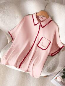 Enliva Plus Size Casual Color Block Batwing Sleeve Shirt Spring To Summer, For Apple And Rounded Body Shape - Pink - View 4