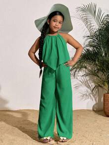 Bộ đồ thể thao thường ngày cho bé gái tuổi teen, gồm áo hai dây màu trơn và quần ống rộng, thích hợp cho kỳ nghỉ. - màu xanh lá - Xem 4