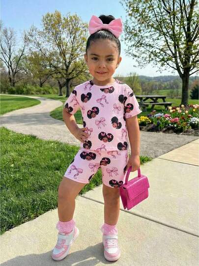 Young Girl Cute Girl & Bow Pattern Casual Loose Comfortable Round Neck Short Sleeve T-Shirt + Snug Fit Cycling Shorts, Suitable For Summer