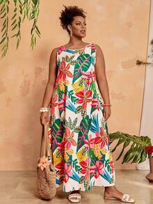 BrightlyHer Đầm mùa hè không tay cổ tròn cỡ lớn in họa tiết nhiệt đới, trang phục thường ngày thoải mái kiểu đồng quê cho nữ, đơn giản và thời trang cho mặc hàng ngày, áo hè cho nữ, trang phục đi nghỉ mát cho nữ, trang phục công sở cho nữ, trang phục đi nghỉ mát cho nữ, trang phục lễ hội phong cách Boho, trang phục đi nghỉ mát - Nhiều màu - Xem 3