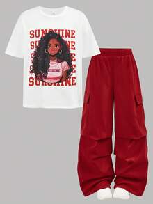 SHEIN 少女休闲街头风圆领可爱印花T恤和裤子套装，红色 - 紅色 - 查看 14