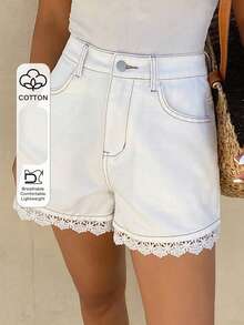 Livesso Quần short denim cotton màu trắng phối ren dành cho nữ, kiểu dáng thường ngày, thích hợp mặc mùa hè. - trắng - Xem 1