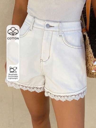 Livesso Women's White Lace Patchwork Solid Color Casual Cotton Denim Shorts, Summer