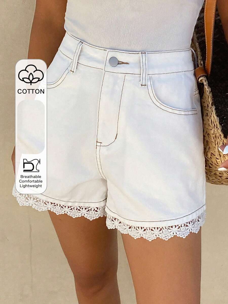 Livesso Quần short denim cotton màu trắng phối ren dành cho nữ, kiểu dáng thường ngày, thích hợp mặc mùa hè. - trắng - Xem 1