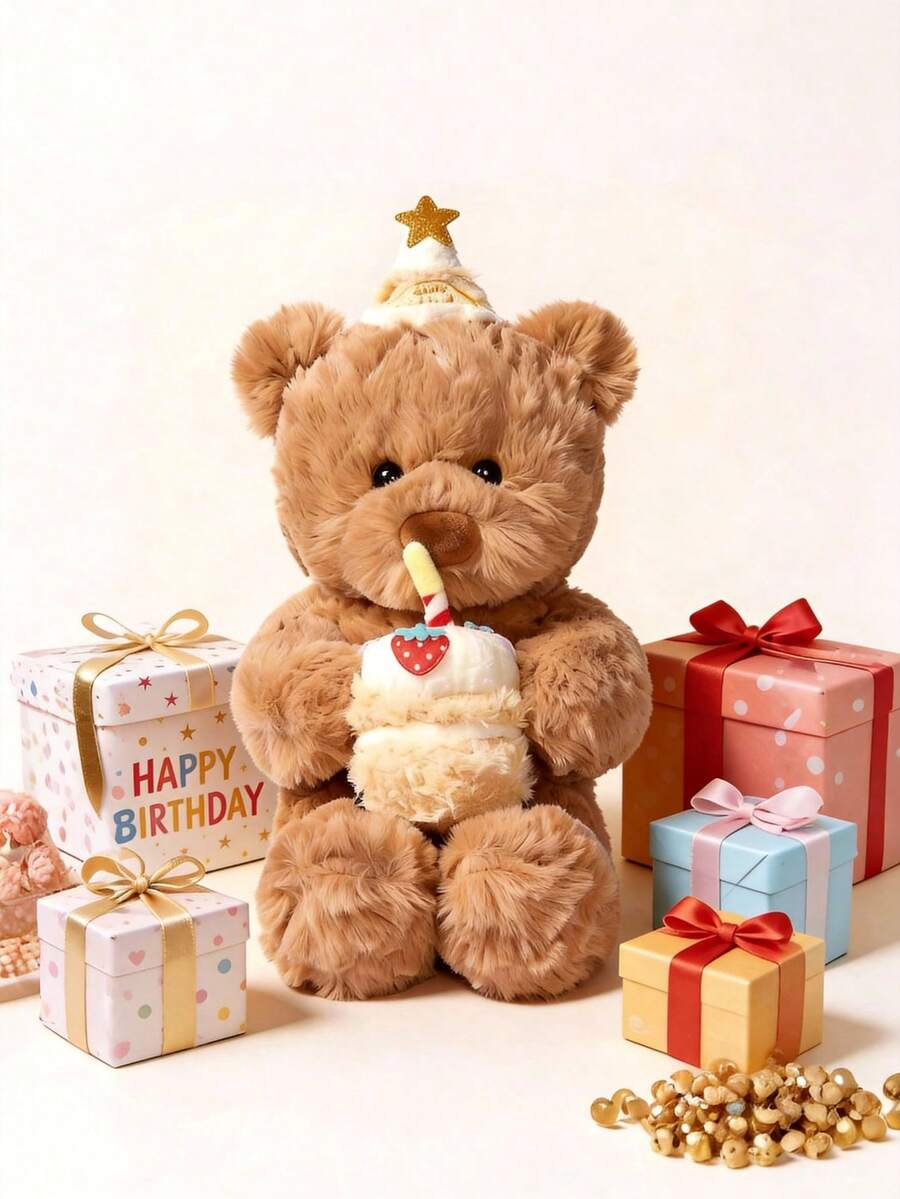 POKOJA LAND POKOJA LAND 15英寸生日快乐泰迪熊手捧蛋糕毛绒玩具，可爱大号泰迪熊毛绒玩具，沙发装饰礼品，节日送给家人、朋友和同学的理想礼物 - 彩色 - 查看 1