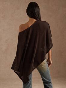 SHEIN BAE Áo kiểu bất đối xứng bóng bẩy thời trang dành cho nữ mùa hè - Cà phê nâu - Xem 2