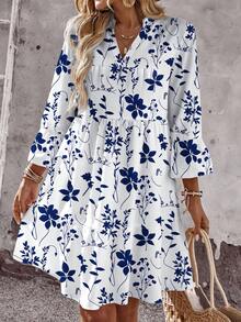 EMERY ROSE Vestido de talla grande con estampado floral azul y blanco, adecuado para vacaciones - Multicolor - Ver 5