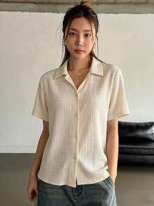 DAZY 女士白色翻领短袖T恤，适合通勤和办公穿着，夏季款 - 米色 - 查看 4