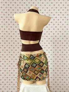 Resyla 2pcs Women Solid Color Plunging Neck Sexy Halter Top And Metal Decor Bandeau Top Set - Brown - View 2