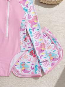 SHEIN 女童比基尼套装，新款时尚女童拼接印花泳衣套装，夏季度假泳衣带防晒衣，长袖泳衣，粉色泳装 - 淺粉色 - 查看 6