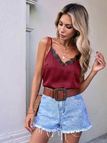SHEIN LUNE Elegant Contrast Color Lace Patchwork Camisole For Summer Women Casual Outfits Camisole Tops For Women Tops For Women Summer Cute Women S Summer Outfits Womens Tops For Summer - Burgundy - View 8