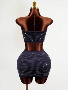 BamGleam Bộ đồ hai mảnh gợi cảm dành cho nữ, thích hợp dự tiệc hộp đêm, gồm áo croptop và chân váy ngắn đính đá màu trơn, kiểu dáng mùa hè. - Màu xanh hải quân - Xem 2