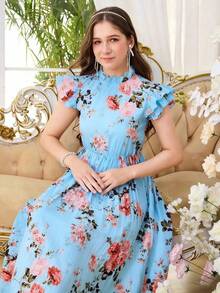 SHEIN Teen Girl Ruffled Collar Double-Layer Cap Sleeve Printed Pleated Hem Dress - Blue - View 5