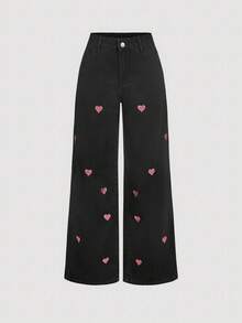 SHEIN MOD Women's Heart Embroidered Pocket Wide Leg Loose Casual Versatile Jeans - Black - View 6